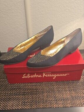 Salvatore Ferragamo Black Women's Pointed Toe Heels with Gold Embellished Inlay